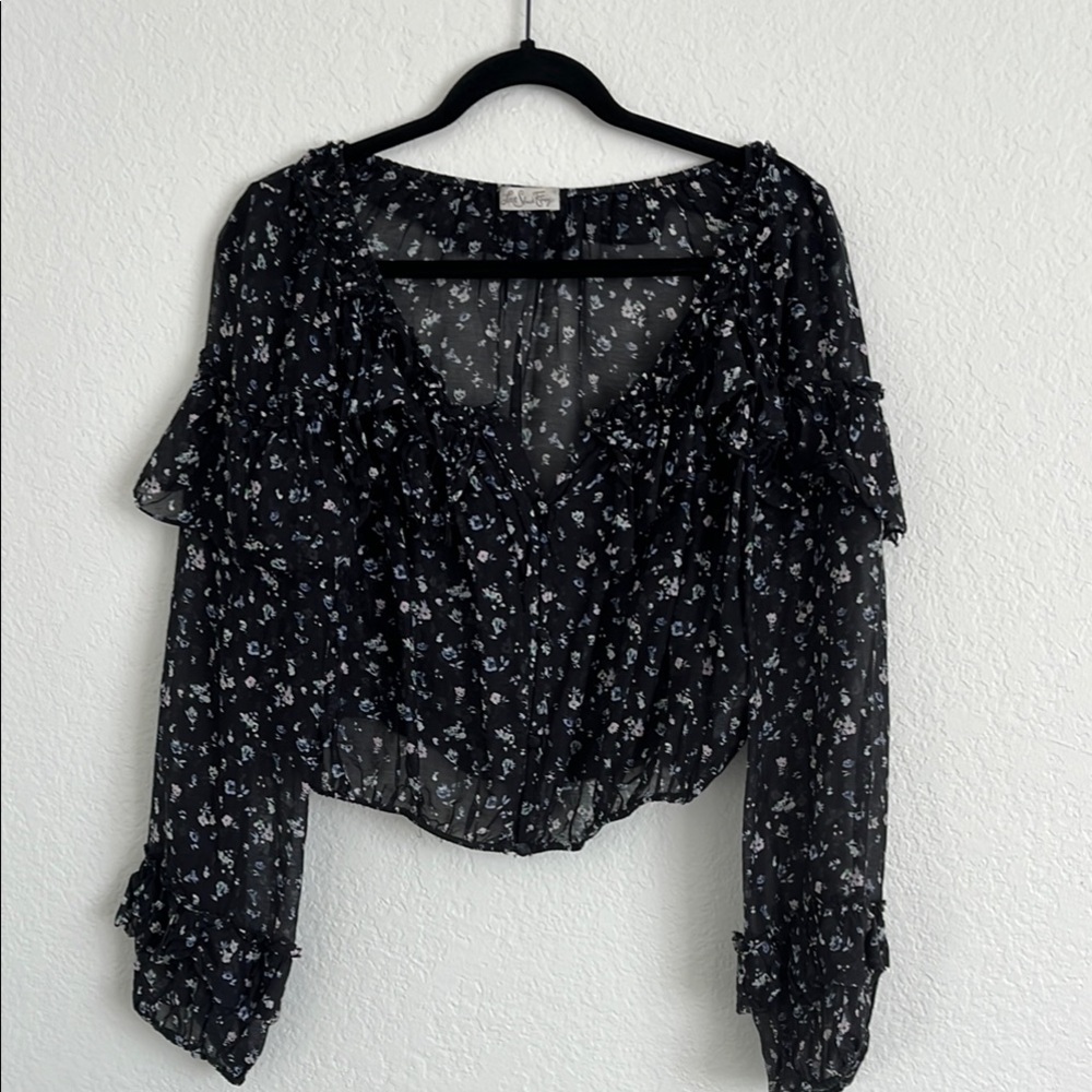 Love Shack Fancy Black Sheer Women's Top Cotton Silk Large